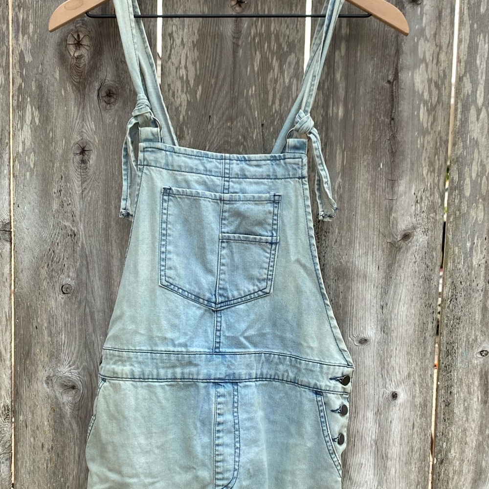 Faded denim overall mini-dress, Size M